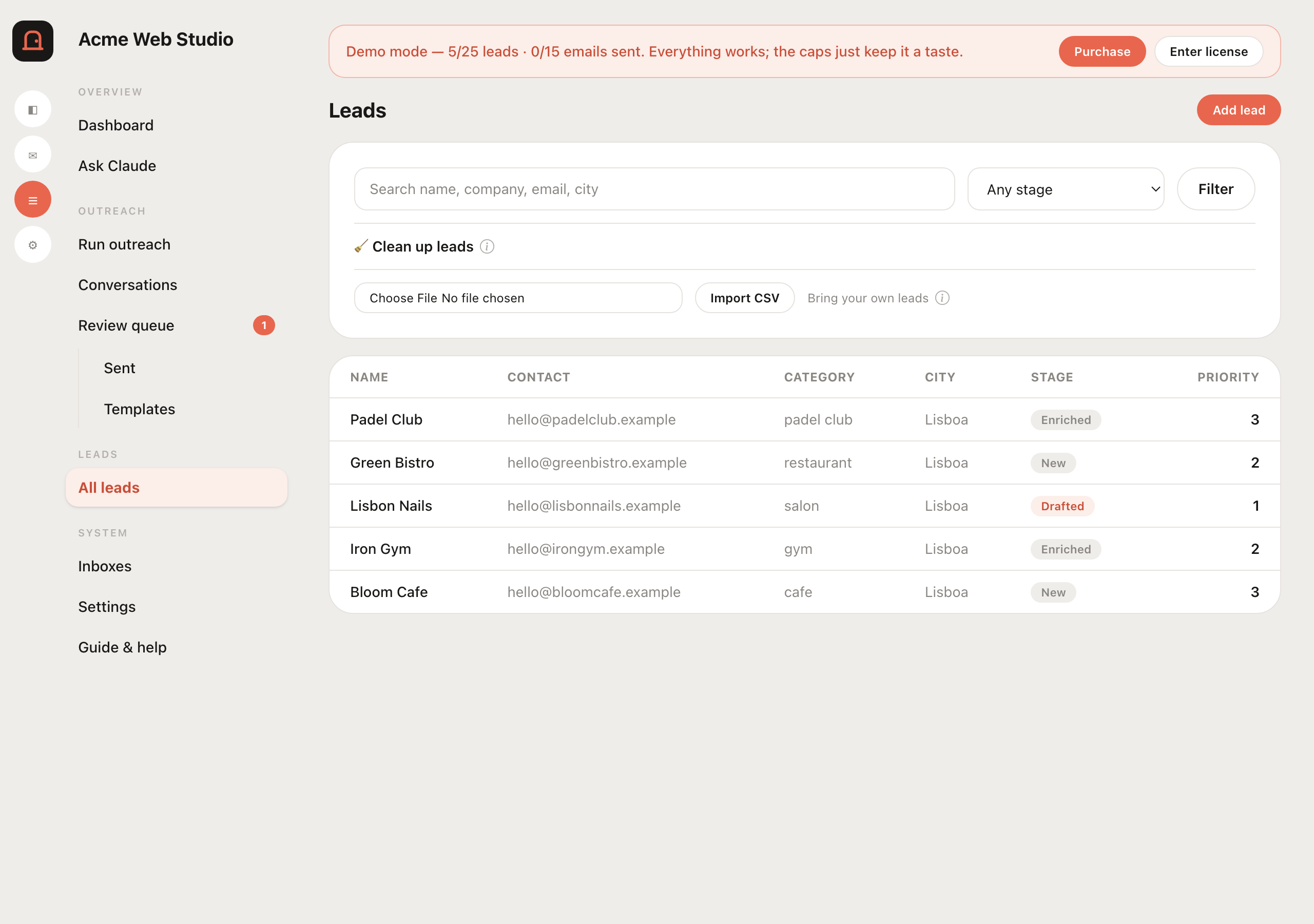 Imported leads in the Doorstep CRM