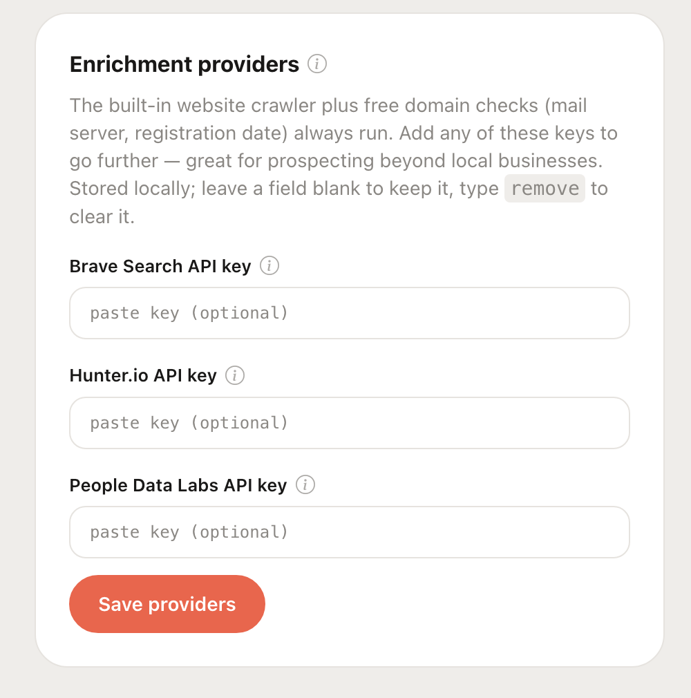 Settings screen showing where to paste enrichment provider API keys