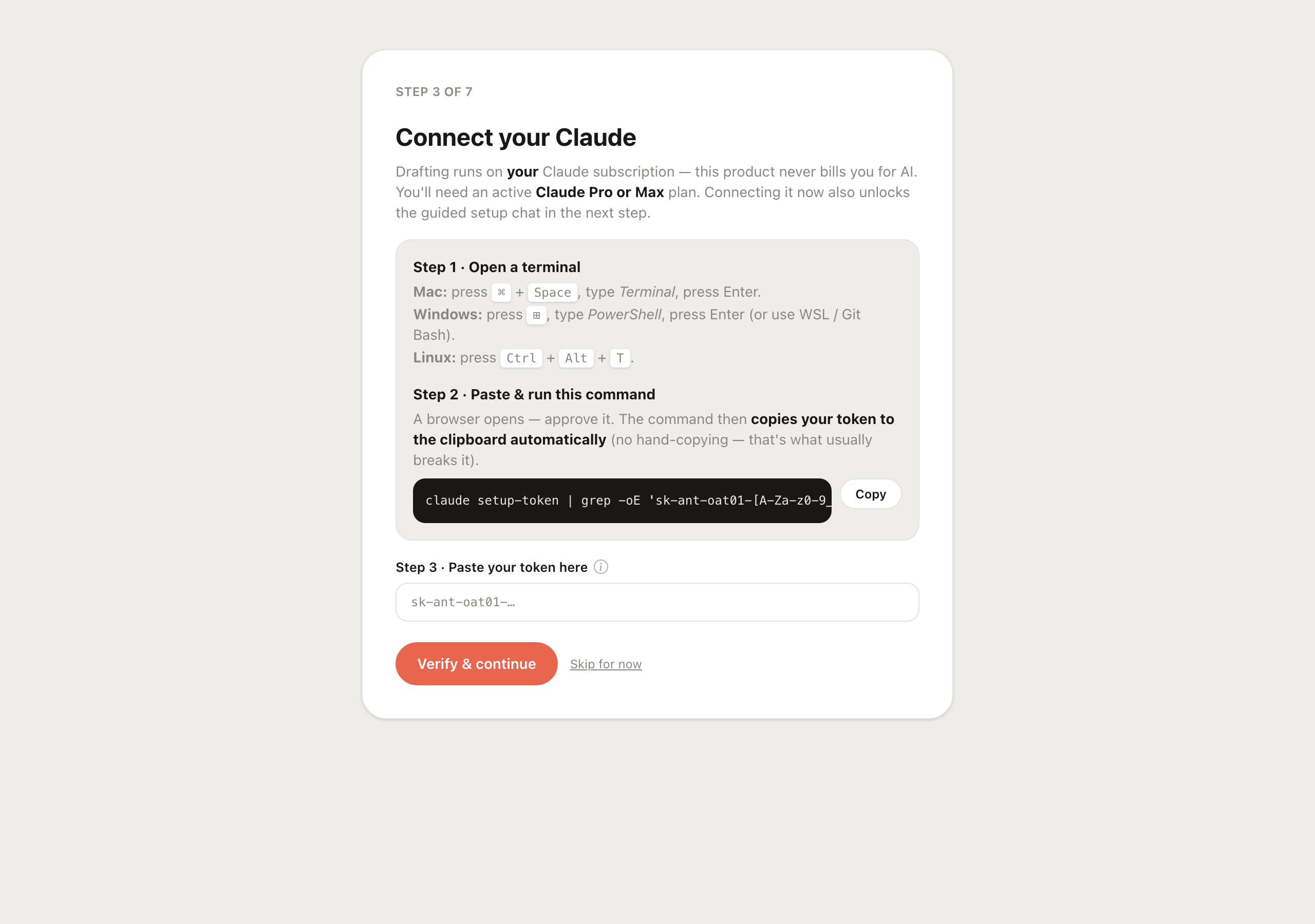 Connect your Claude — copy the command, paste the token