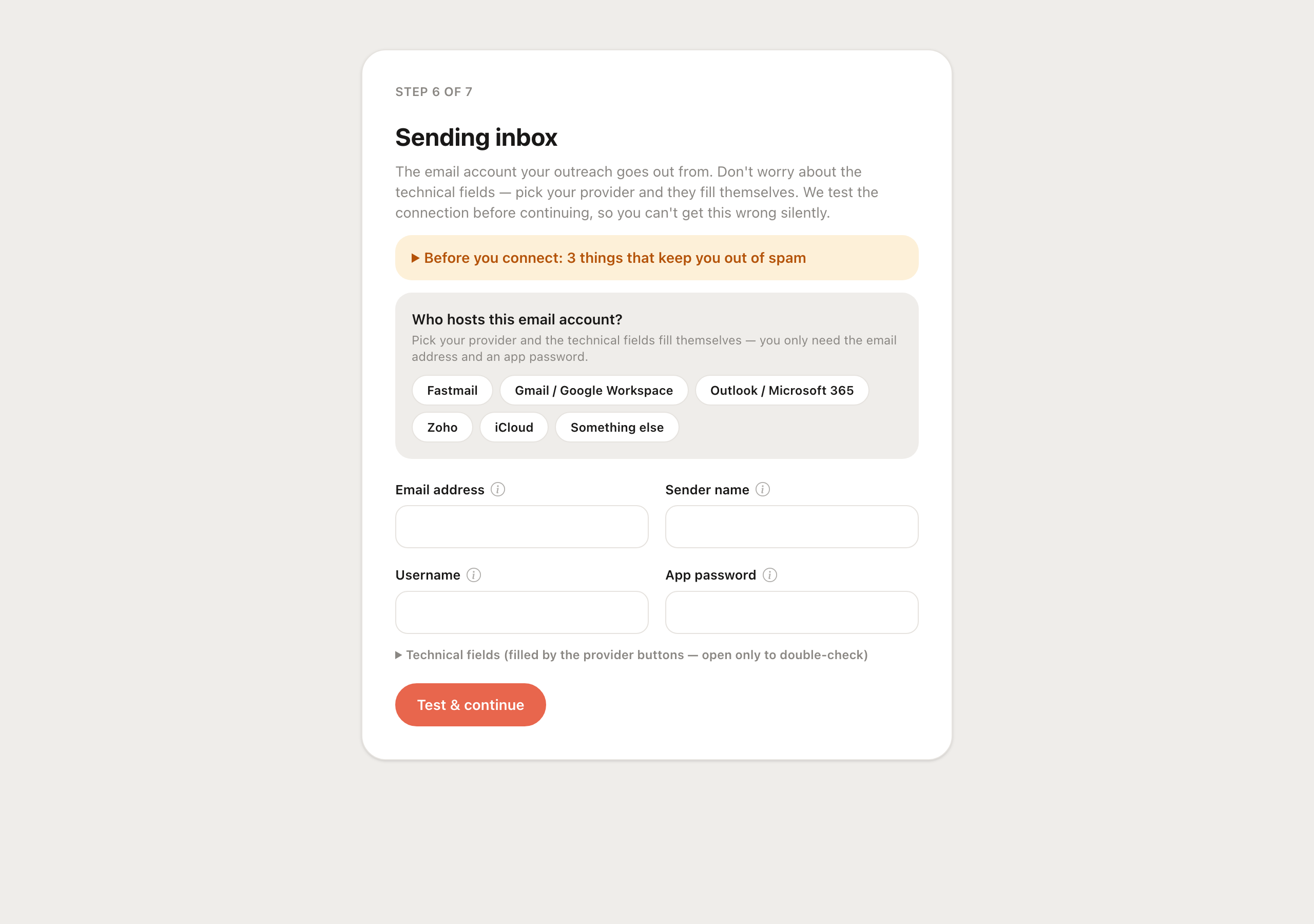Sending inbox — pick a provider and the fields auto-fill
