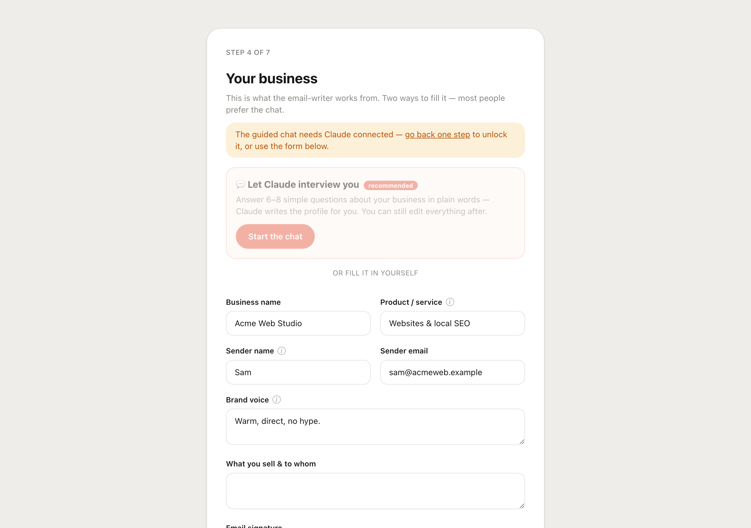 Business profile — chat interview or fill the form